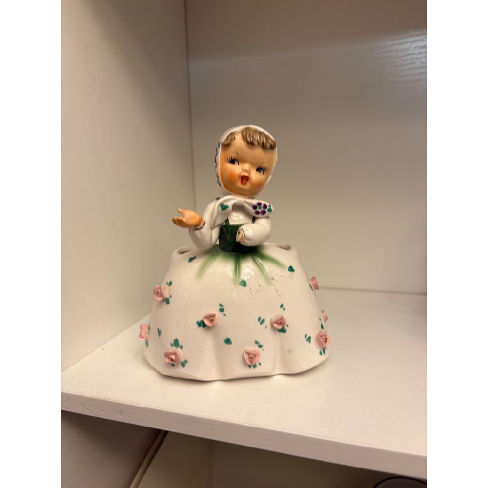 Vintage 1956 Napco C2267A Ceramic Girl Planter Dutch Bonnet Pink Roses Japan